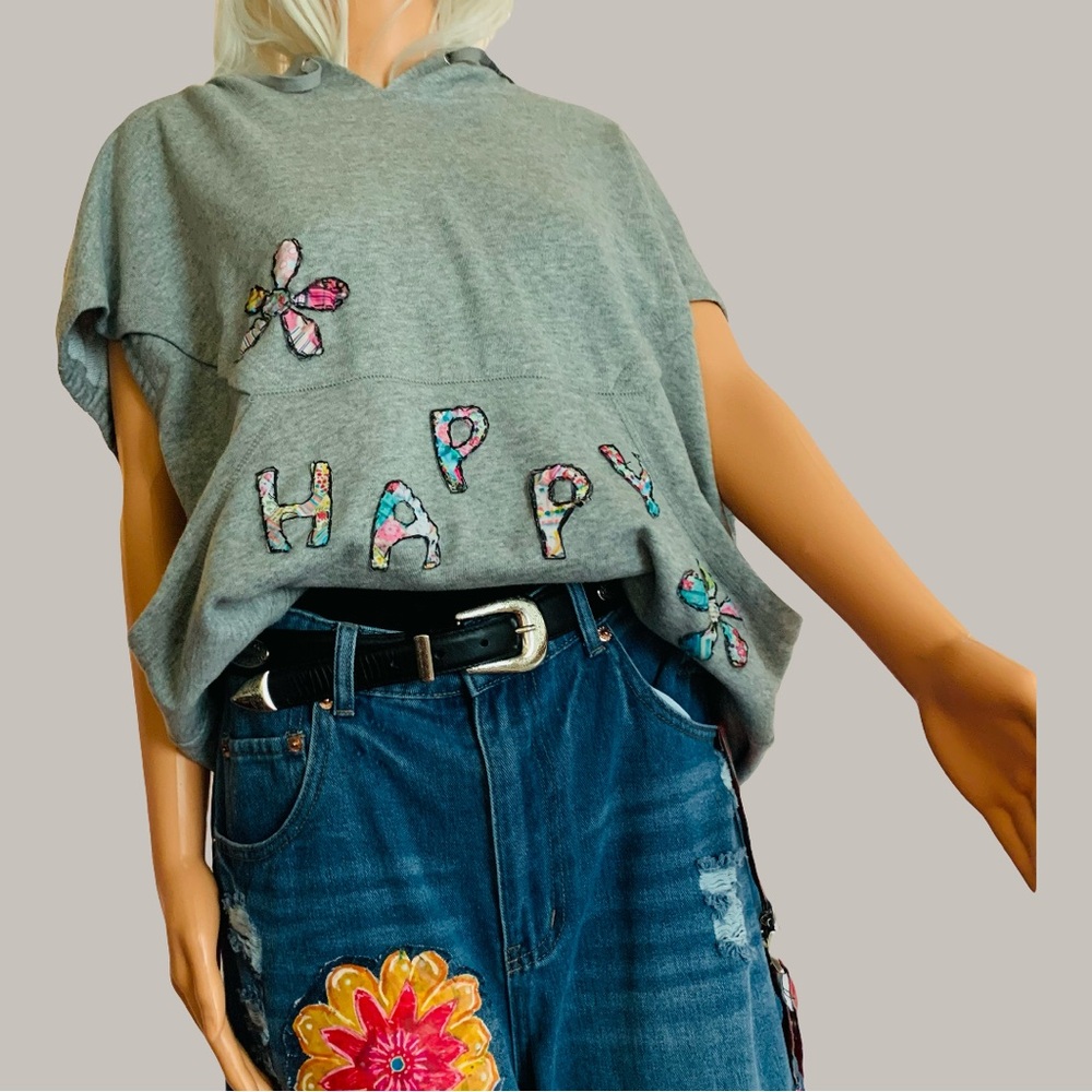 It Ain’t Beige upcycled Gray Hoodie with Floral Appliqué - Picture 2 of 16